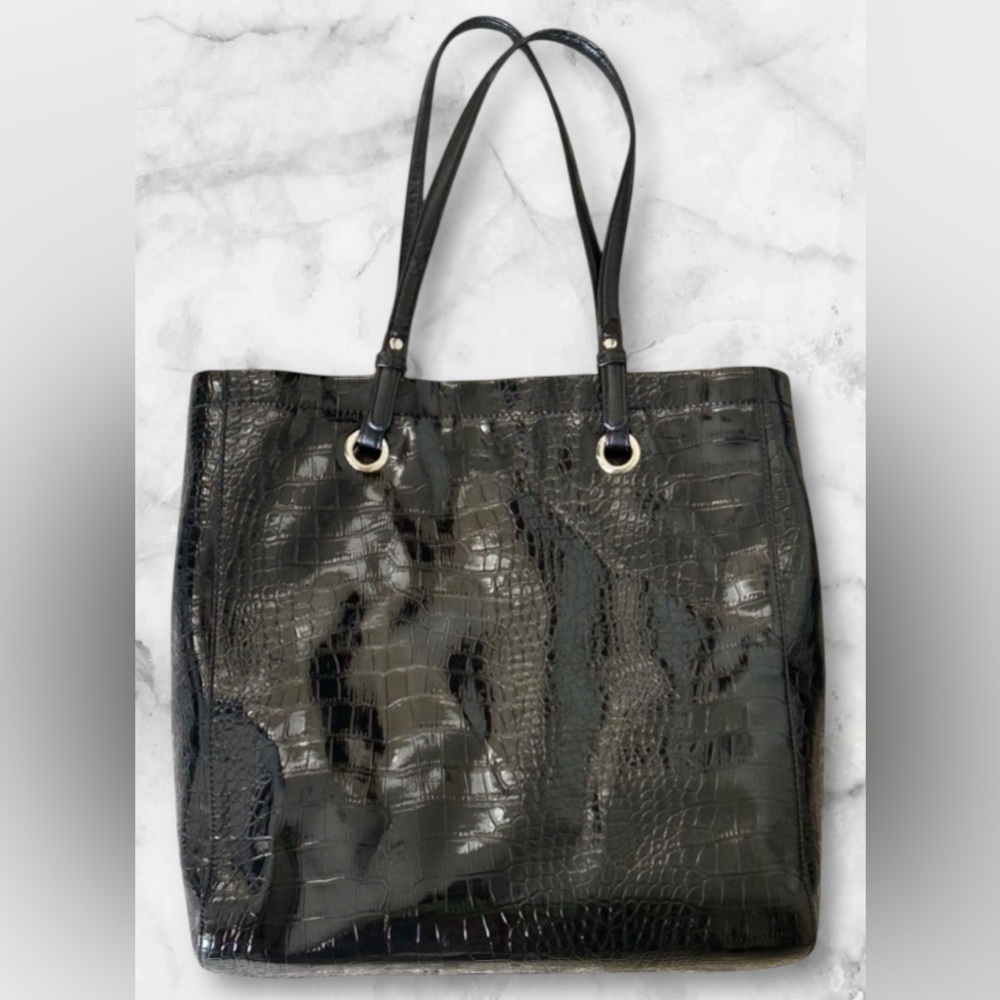 Nine West Black Patent Embossed Alligator Faux Leather Bag/Tote/Satchel - Picture 2 of 13